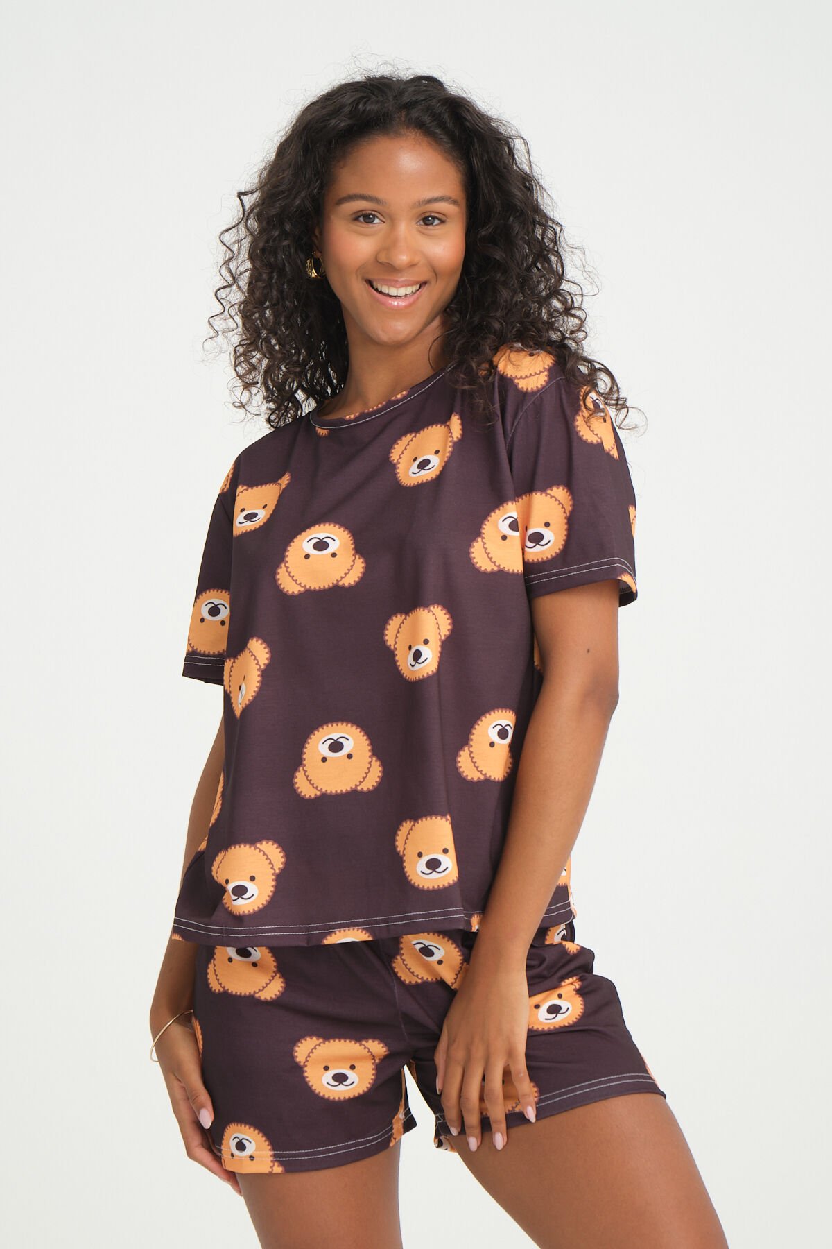Kısa Kollu Şort Kadın Pijama Takımı Örme Kumaş Pamuklu Bear Desenli SüperSoft
