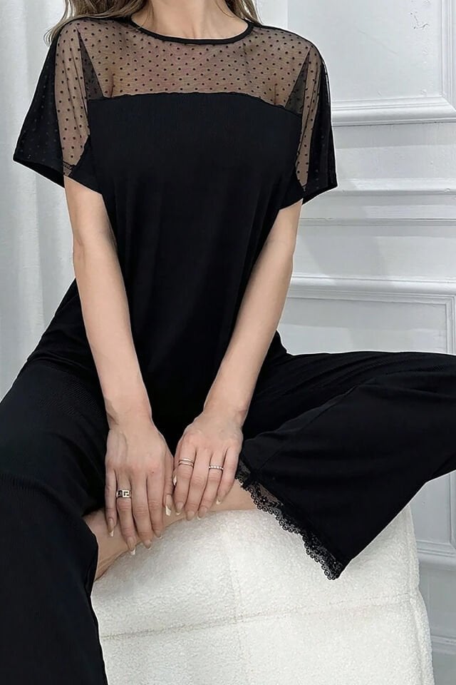 Nies Pijama Takımı Kadın Kısa Kollu Dantel Detaylı Siyah