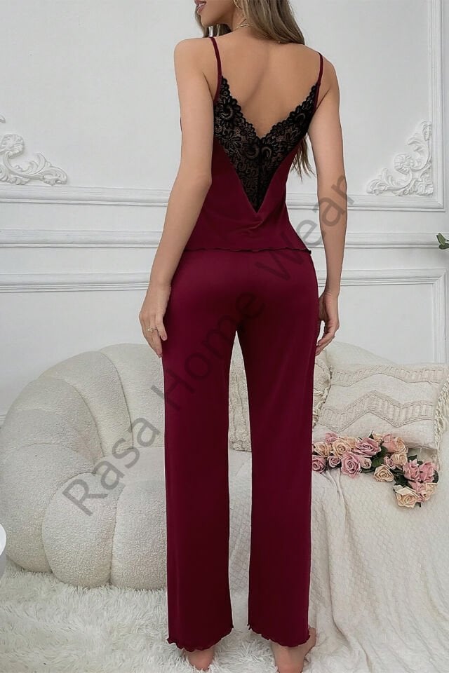 Lemra UltraSoft Dantel Dekolte Pijama Takım Bordo