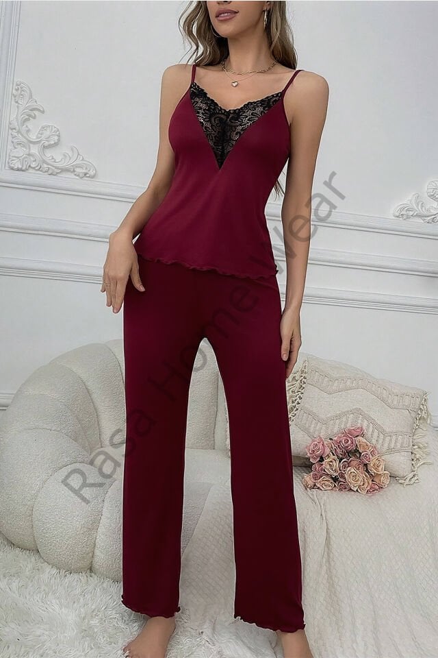 Lemra UltraSoft Dantel Dekolte Pijama Takım Bordo