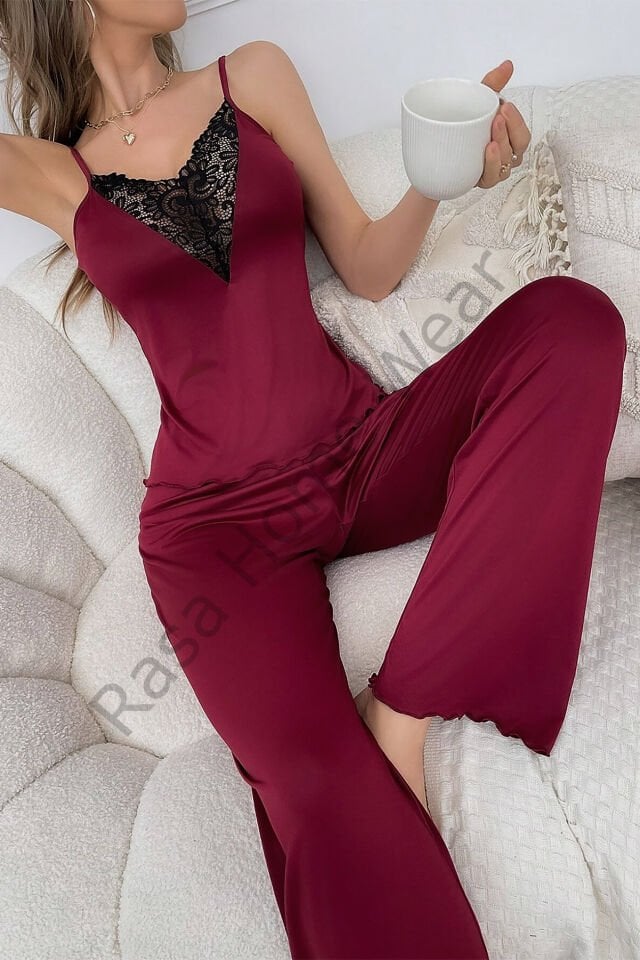 Lemra UltraSoft Dantel Dekolte Pijama Takım Bordo