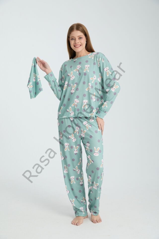 Rasa Yeşil Pijama Takımı 3 Parça Alt Üst Bere Uzun Süper Soft