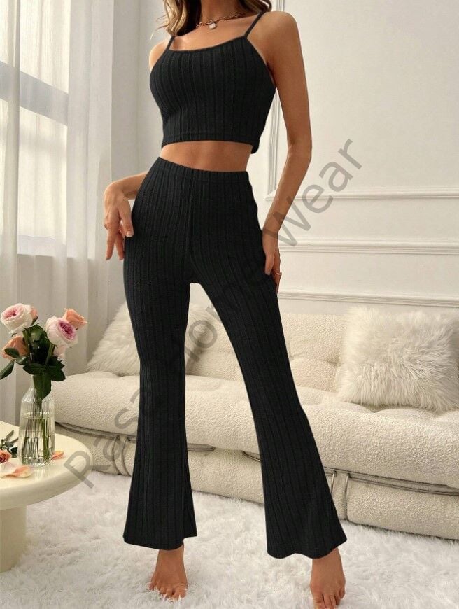 Brod Askılı Pijama Takımı Siyah Fitilli