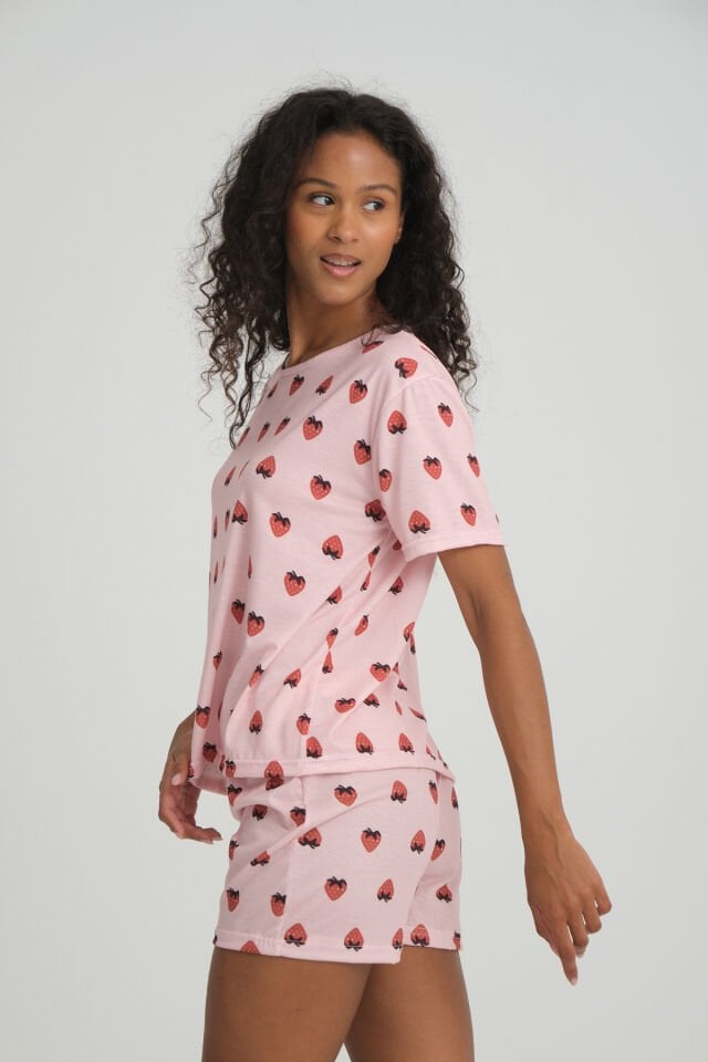 Kısa Kollu Şort Kadın Pijama Takımı Örme Kumaş Pamuklu Çilek