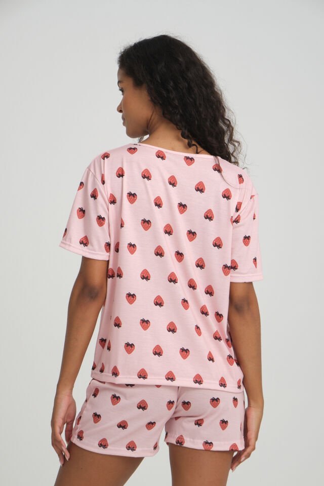 Kısa Kollu Şort Kadın Pijama Takımı Örme Kumaş Pamuklu Çilek