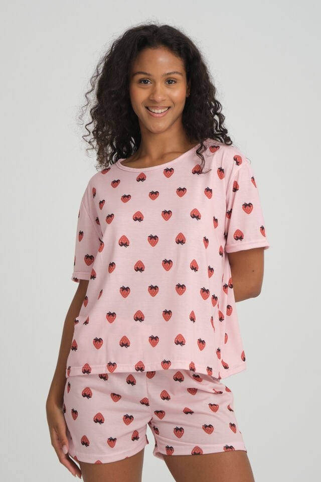 Kısa Kollu Şort Kadın Pijama Takımı Örme Kumaş Pamuklu Çilek