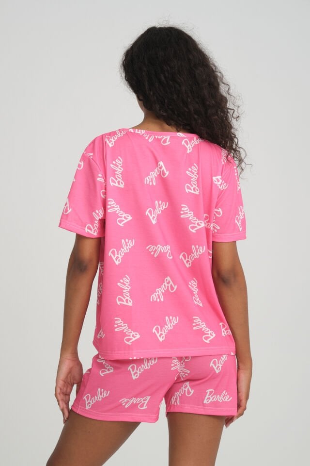 Kısa Kollu Şort Kadın Pijama Takımı Örme Kumaş Pamuklu Barbie