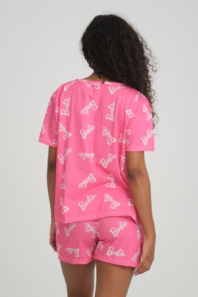 Kısa Kollu Şort Kadın Pijama Takımı Örme Kumaş Pamuklu Barbie