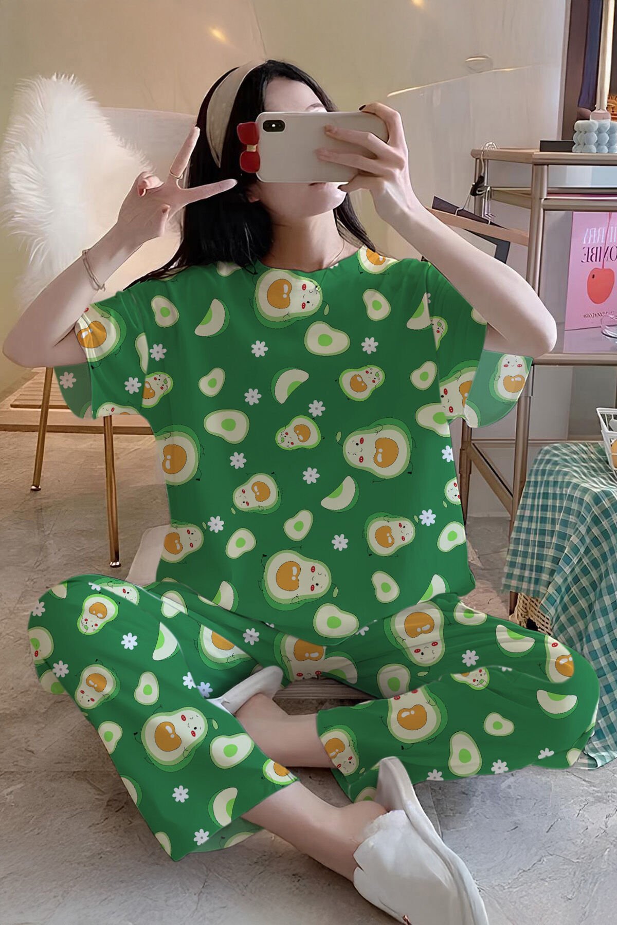 Kısa Kollu Kadın Pijama Takımı Avakado