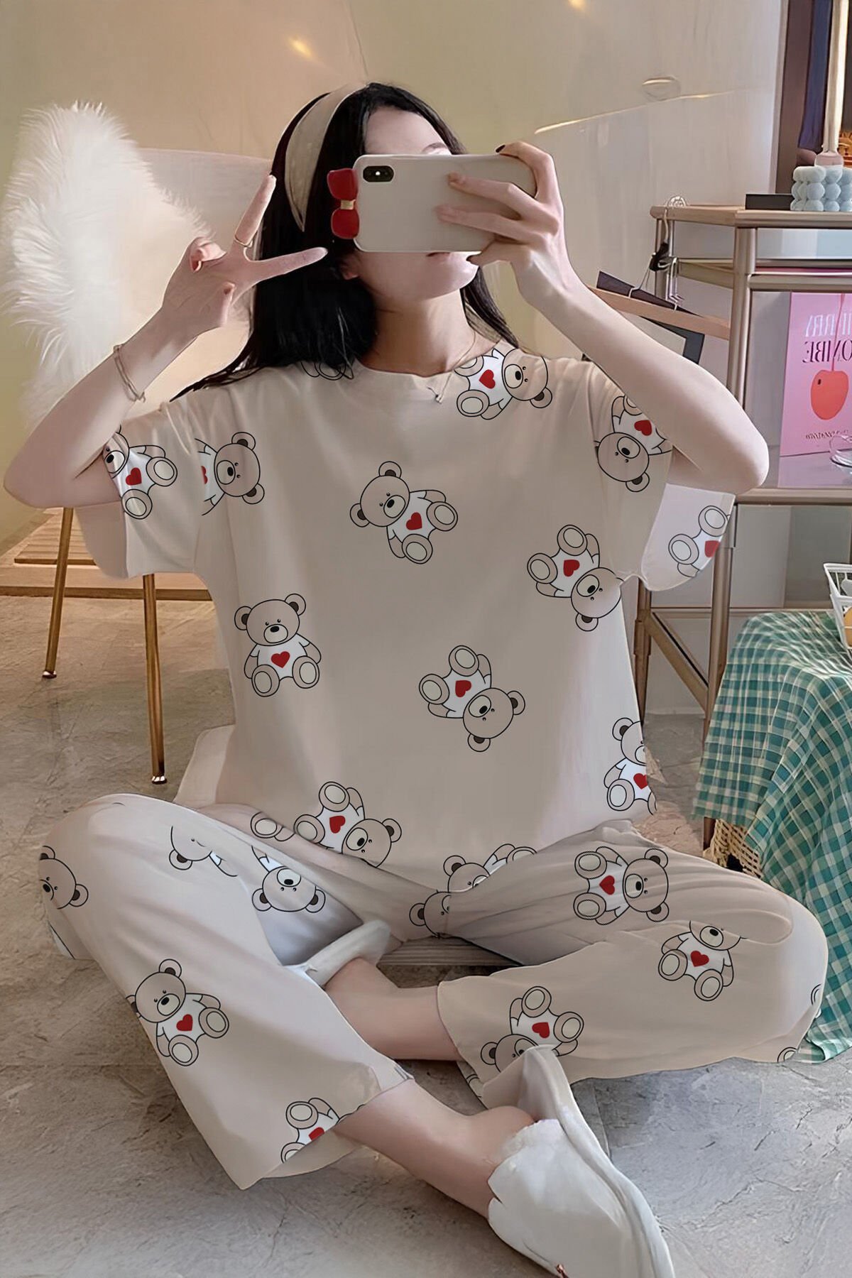 Kısa Kollu Kadın Pijama Takımı KremBear