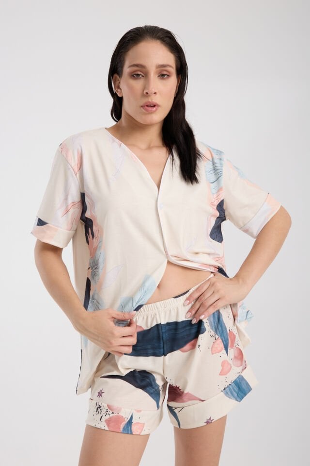 Calm Gömlek Şort Düğmeli Pijama Takımı Renkli Desenli Flower