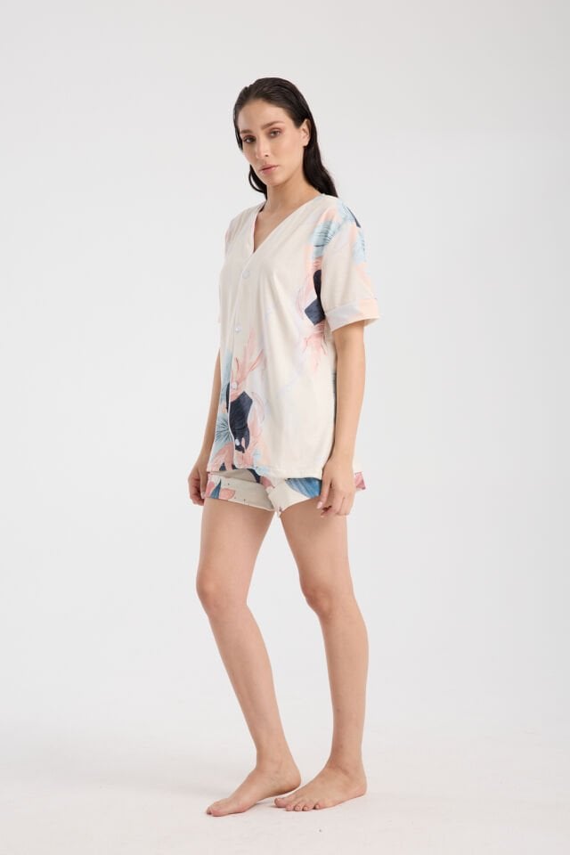 Calm Gömlek Şort Düğmeli Pijama Takımı Renkli Desenli Flower