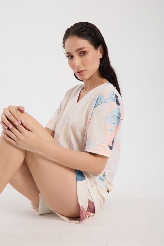 Calm Gömlek Şort Düğmeli Pijama Takımı Renkli Desenli Flower