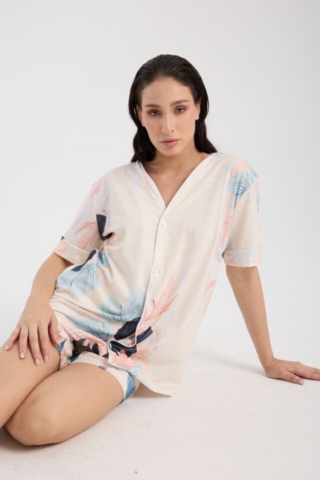 Calm Gömlek Şort Düğmeli Pijama Takımı Renkli Desenli Flower