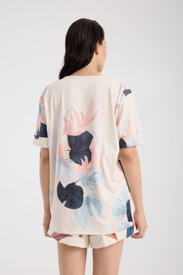 Calm Gömlek Şort Düğmeli Pijama Takımı Renkli Desenli Flower