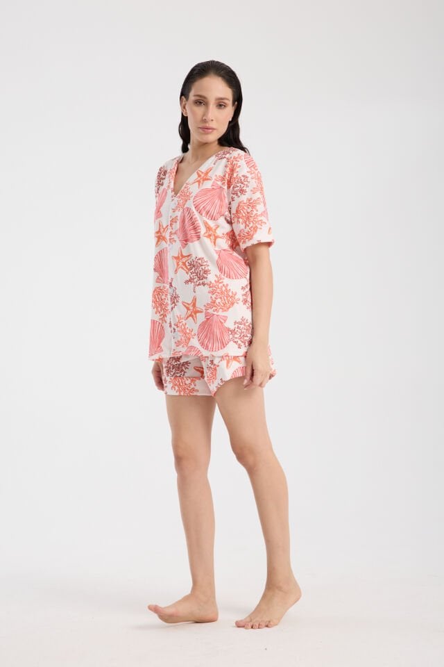Calm Gömlek Şort Düğmeli Pijama Takımı Renkli Desenli Seashell