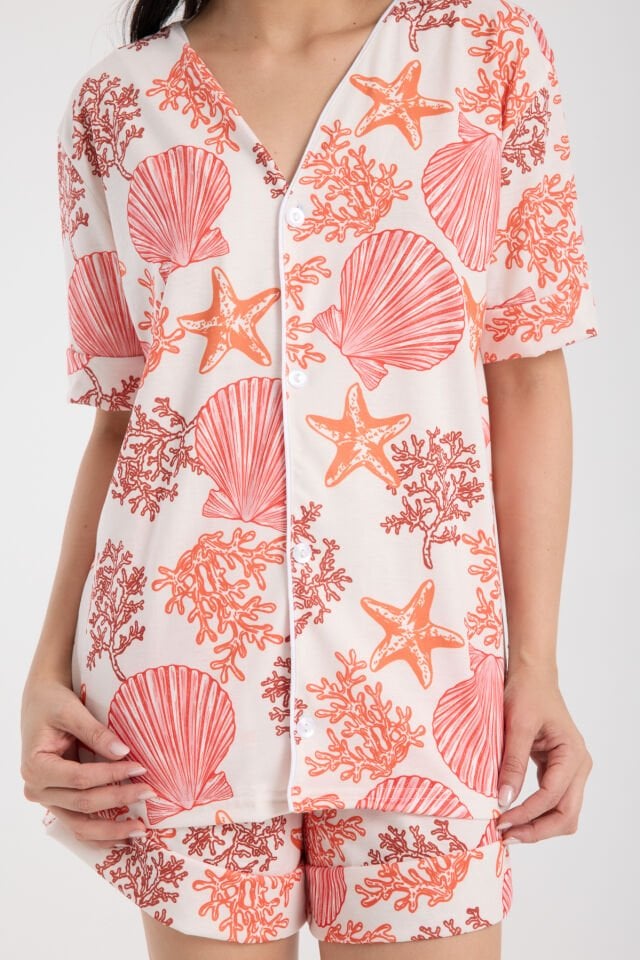 Calm Gömlek Şort Düğmeli Pijama Takımı Renkli Desenli Seashell