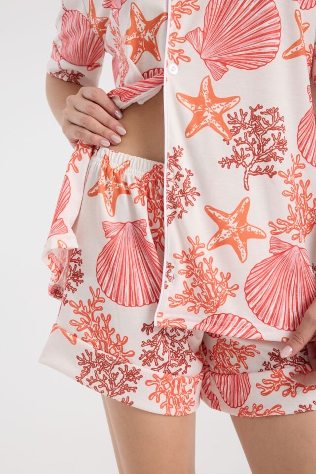Calm Gömlek Şort Düğmeli Pijama Takımı Renkli Desenli Seashell