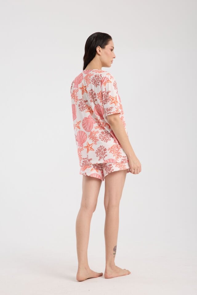 Calm Gömlek Şort Düğmeli Pijama Takımı Renkli Desenli Seashell