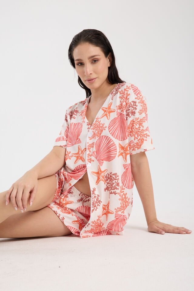 Calm Gömlek Şort Düğmeli Pijama Takımı Renkli Desenli Seashell