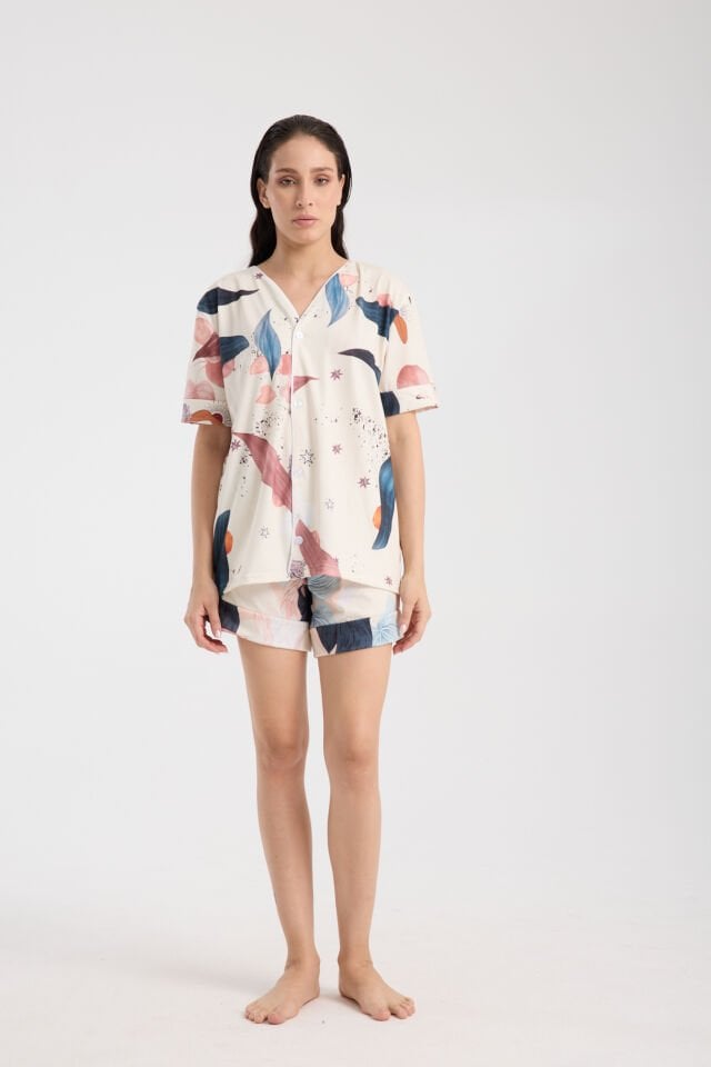 Calm Gömlek Şort Düğmeli Pijama Takımı Renkli Desenli Star