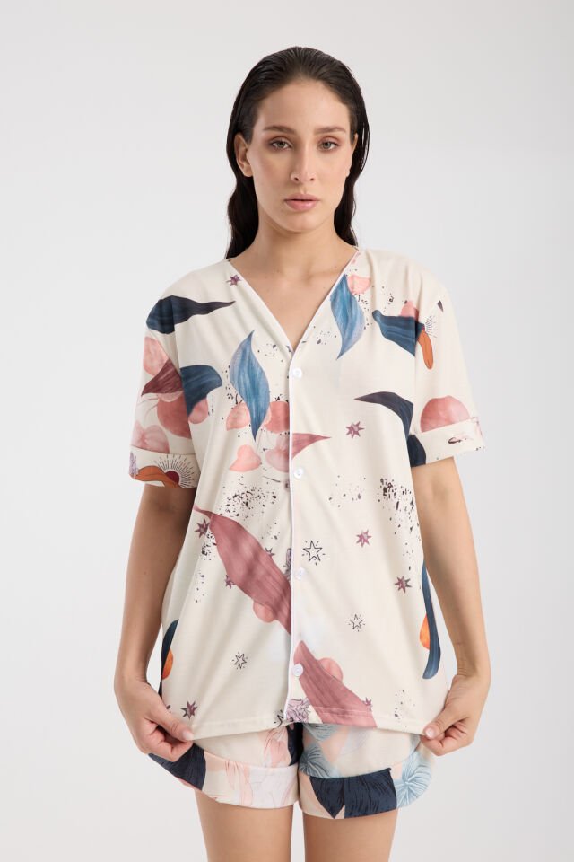 Calm Gömlek Şort Düğmeli Pijama Takımı Renkli Desenli Star