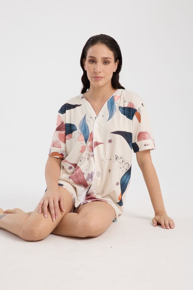 Calm Gömlek Şort Düğmeli Pijama Takımı Renkli Desenli Star