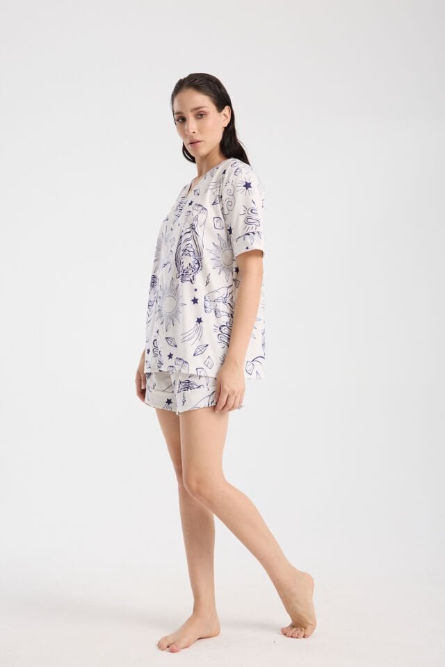 Calm Gömlek Şort Düğmeli Pijama Takımı Renkli Desenli White Tiger