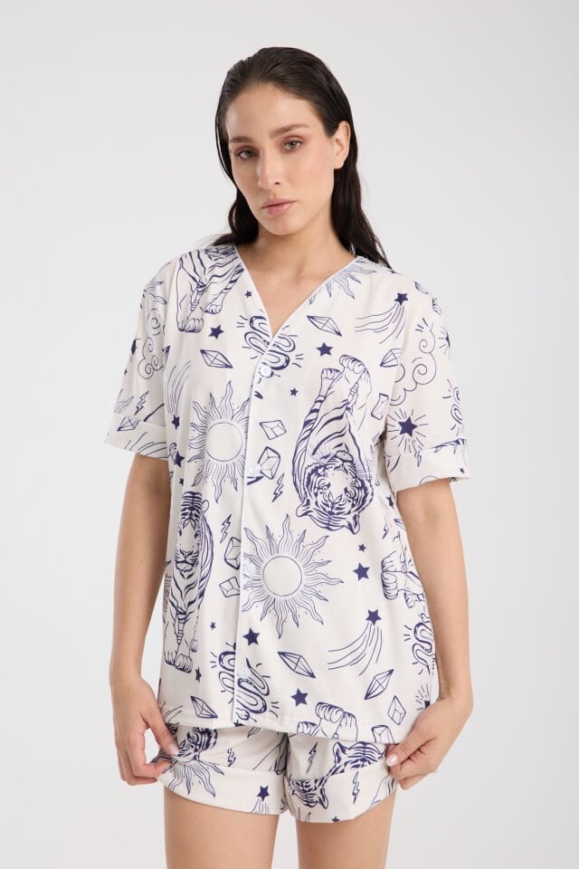 Calm Gömlek Şort Düğmeli Pijama Takımı Renkli Desenli White Tiger