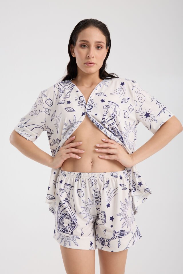 Calm Gömlek Şort Düğmeli Pijama Takımı Renkli Desenli White Tiger
