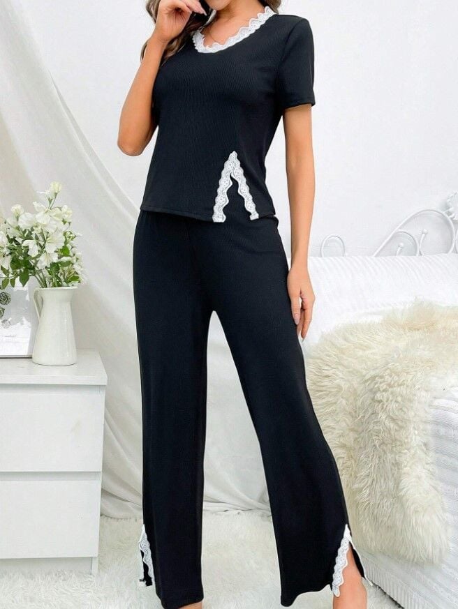 Elzi Dantel Detaylı Pijama Takımı Kısa Kollu Ultra Soft Ring Viskon Siyah